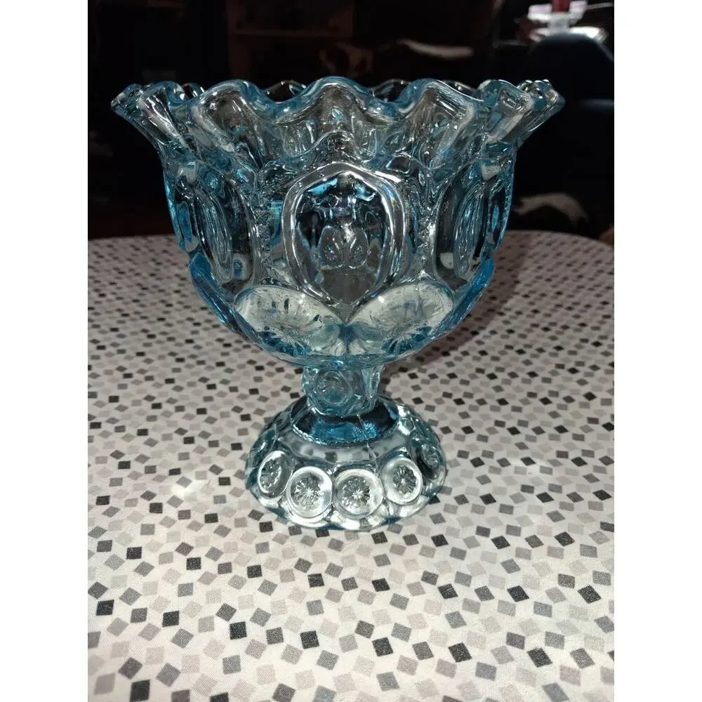 Moon and Stars Pattern Glass Light Blue LE SMITH Crimpt Open Compote